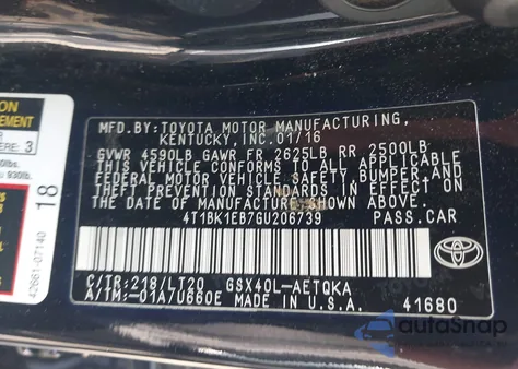 2016 Toyota Avalon Touring из США, поврежденный, VIN 4T1BK1EB7GU206739